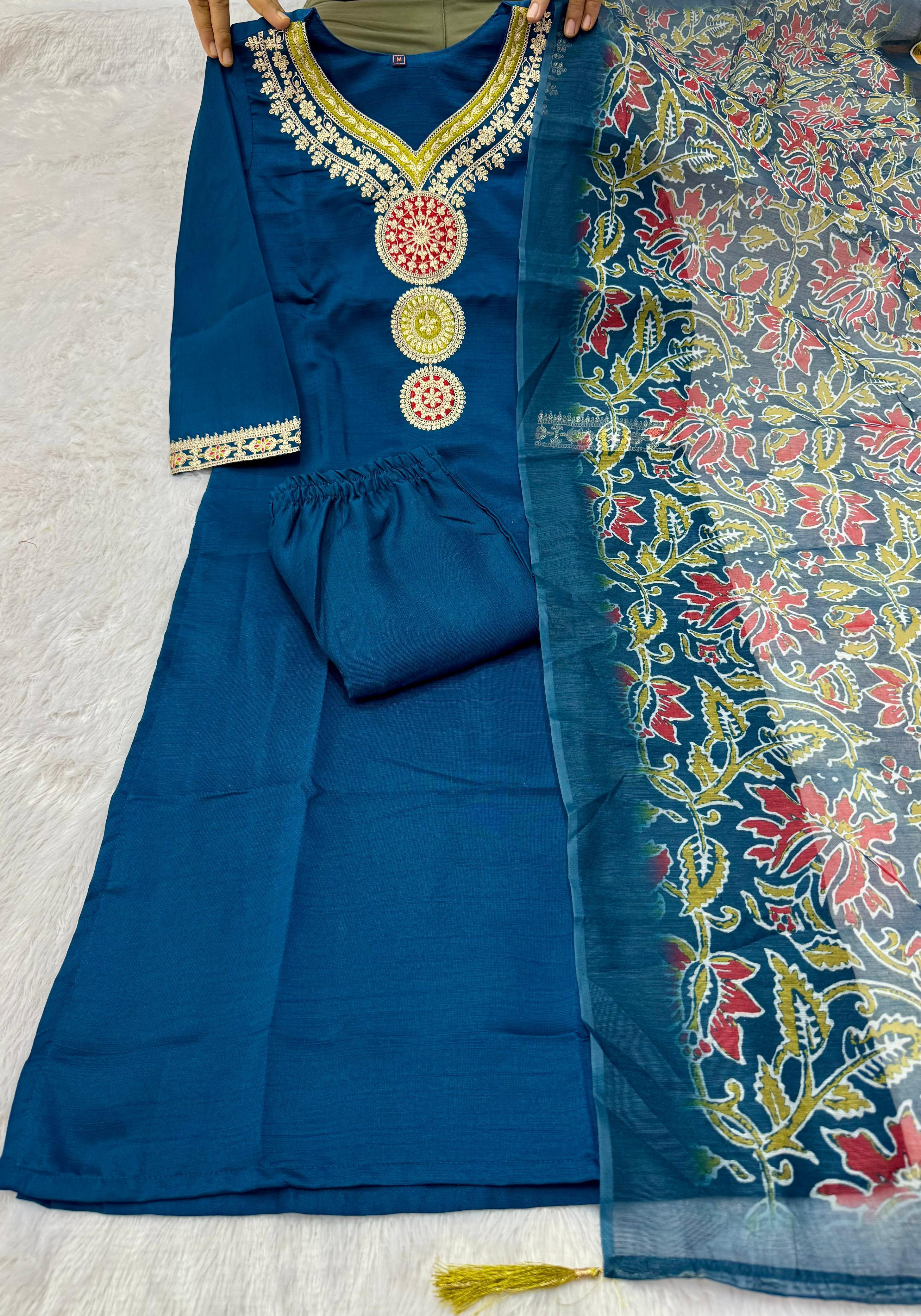 Vatican Silk Embroidered Kurta Pant Dupatta Set for Women