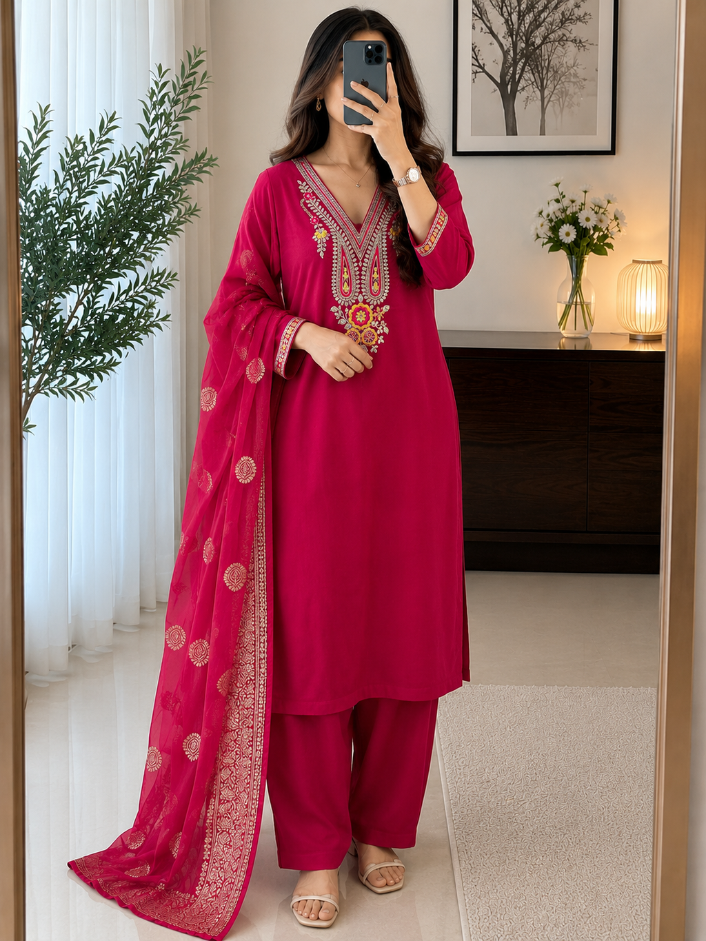 Pink Roman Silk Embroidered Kurta Pant Dupatta Set for Women
