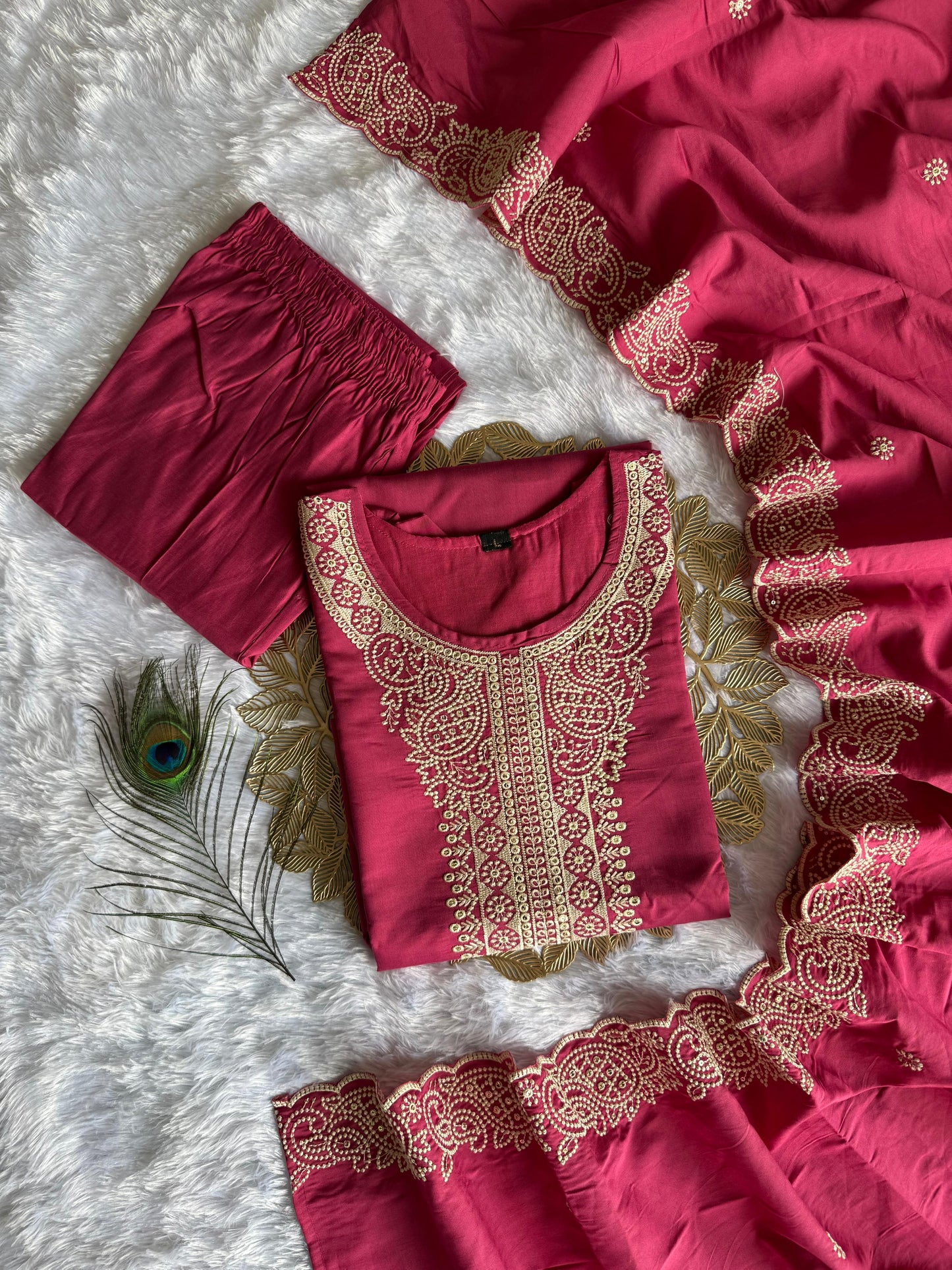 Peach Roman Silk Kurti Set with Embroidered Dupatta