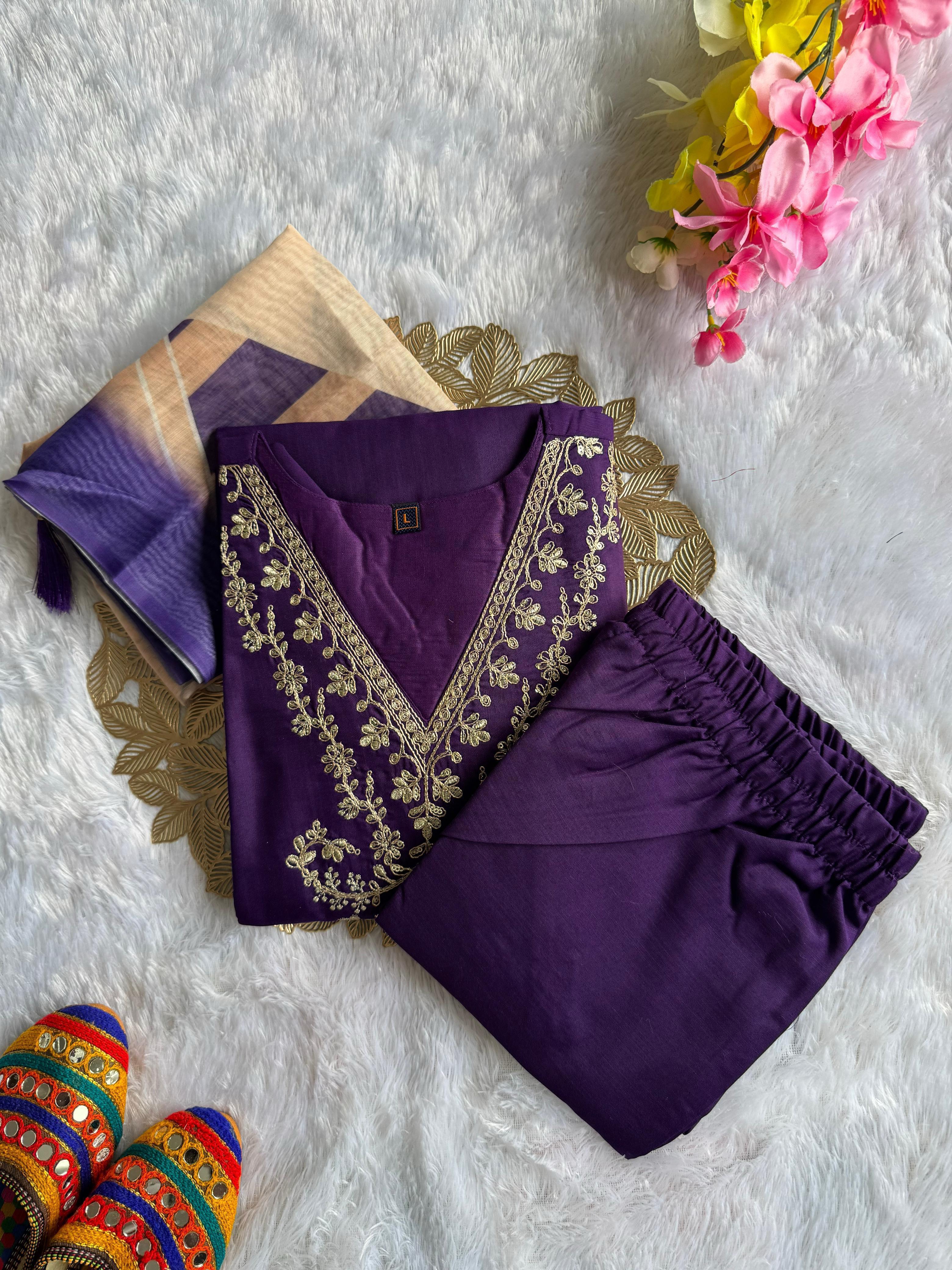 Rayon Slub Embroidered Kurta Pant Dupatta Set for Women