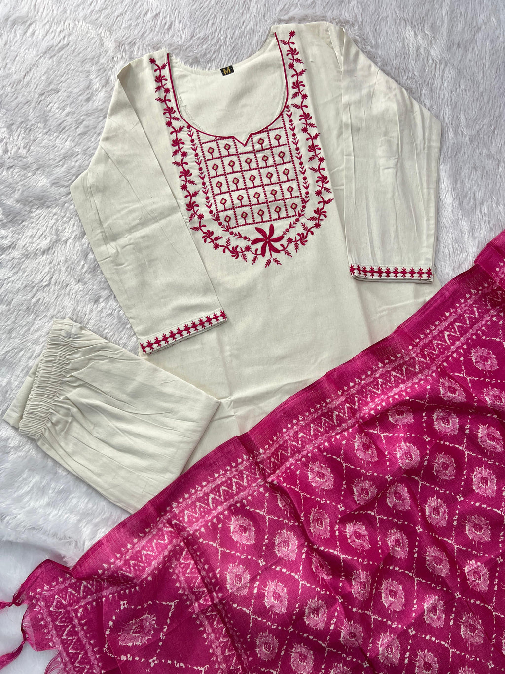 Khadi Cotton Embroidered Kurta Pant Dupatta Set for Women