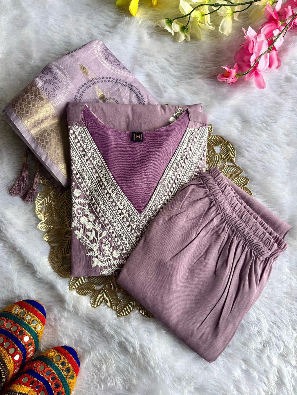 Buy Lavender Roman Silk Designer Kurti with Pant & Dupatta Set | Embroidered Festive Wear for Women