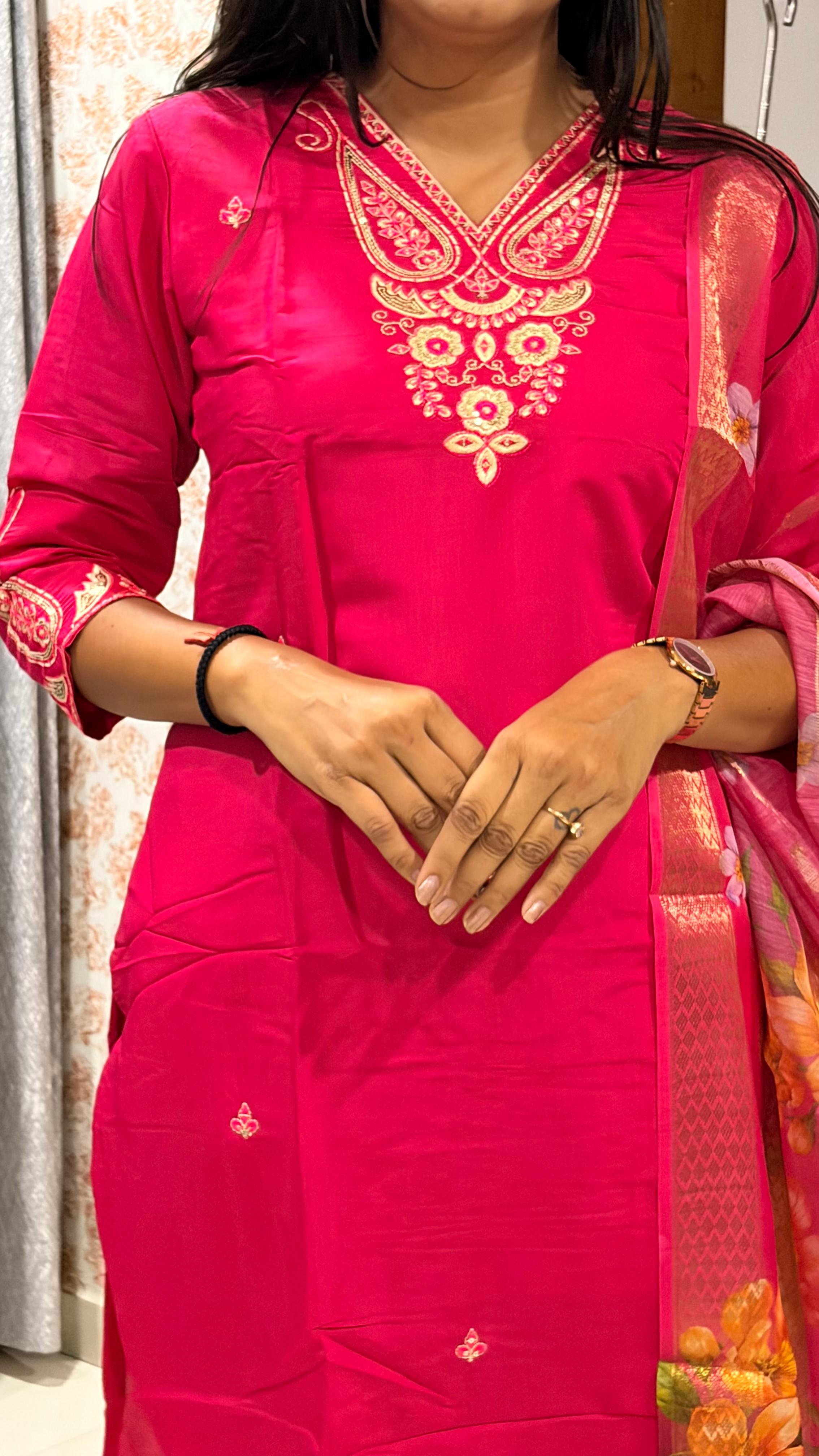 Laltika Pink Roman Silk Embroidered Kurta Pant Dupatta Set with Chanderi Jacquard Dupatta