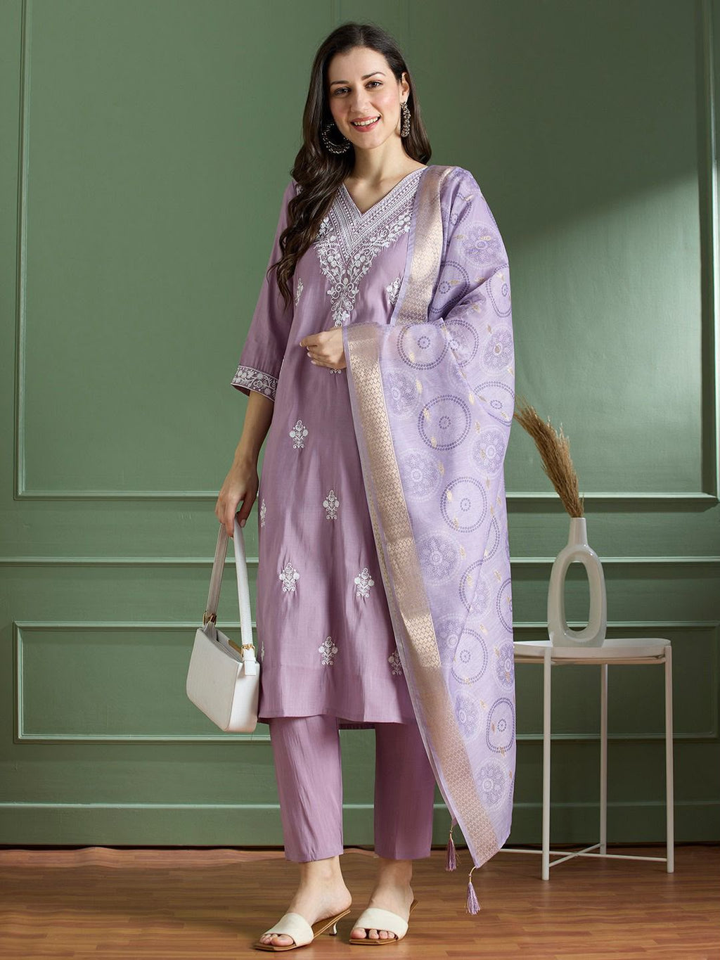 Buy Lavender Roman Silk Designer Kurti with Pant & Dupatta Set | Embroidered Festive Wear for Women