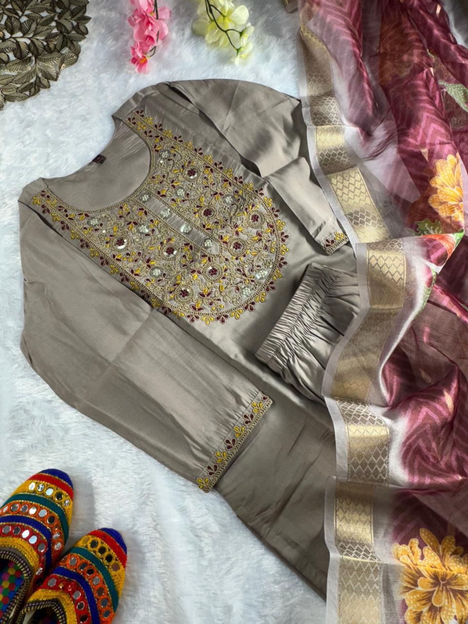 Roman Silk Embroidered Kurta Pant Dupatta Set for Women