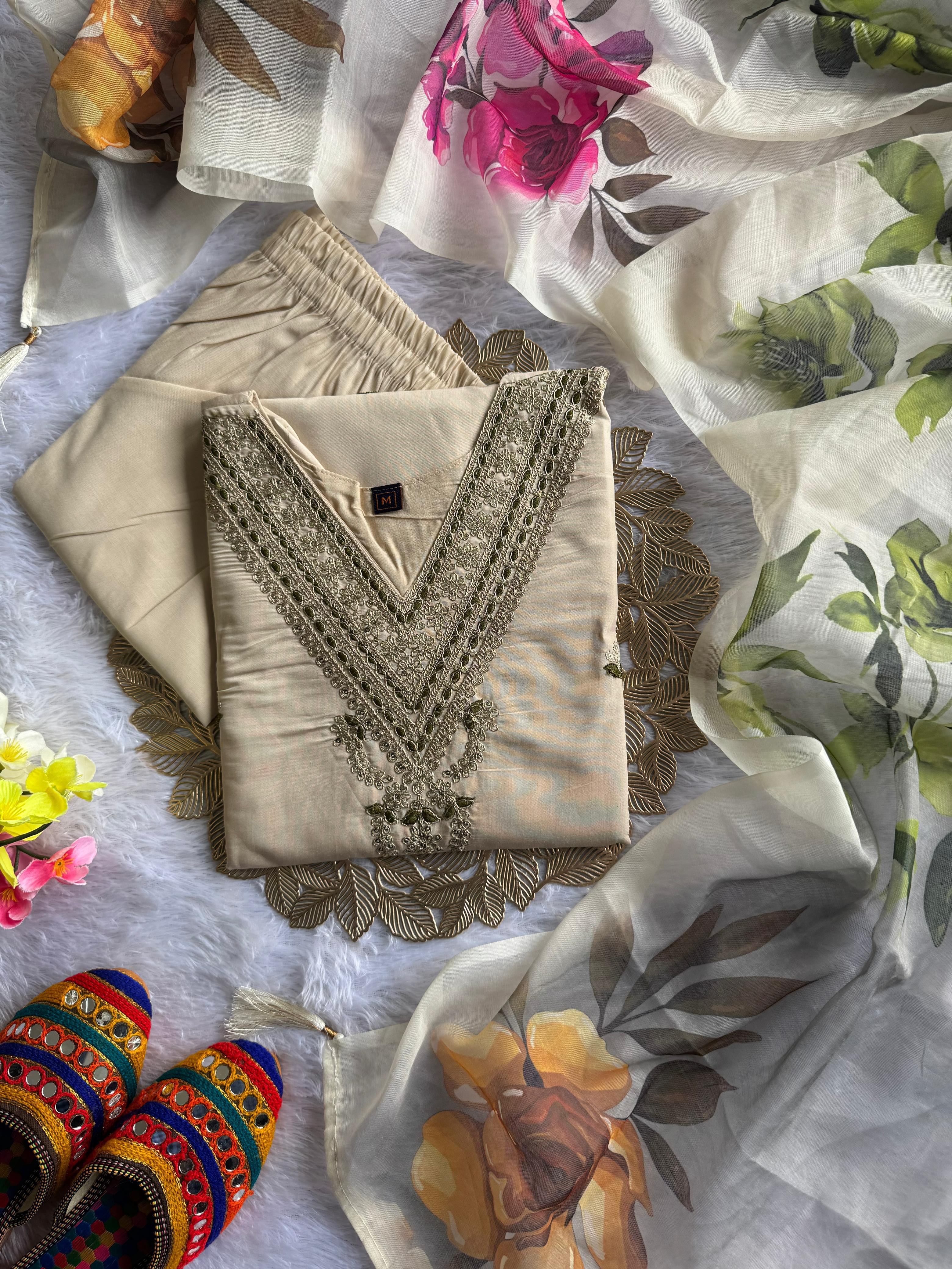 Roman Silk Embroidered Kurta Pant Dupatta Set with Chanderi Silk Dupatta for Women