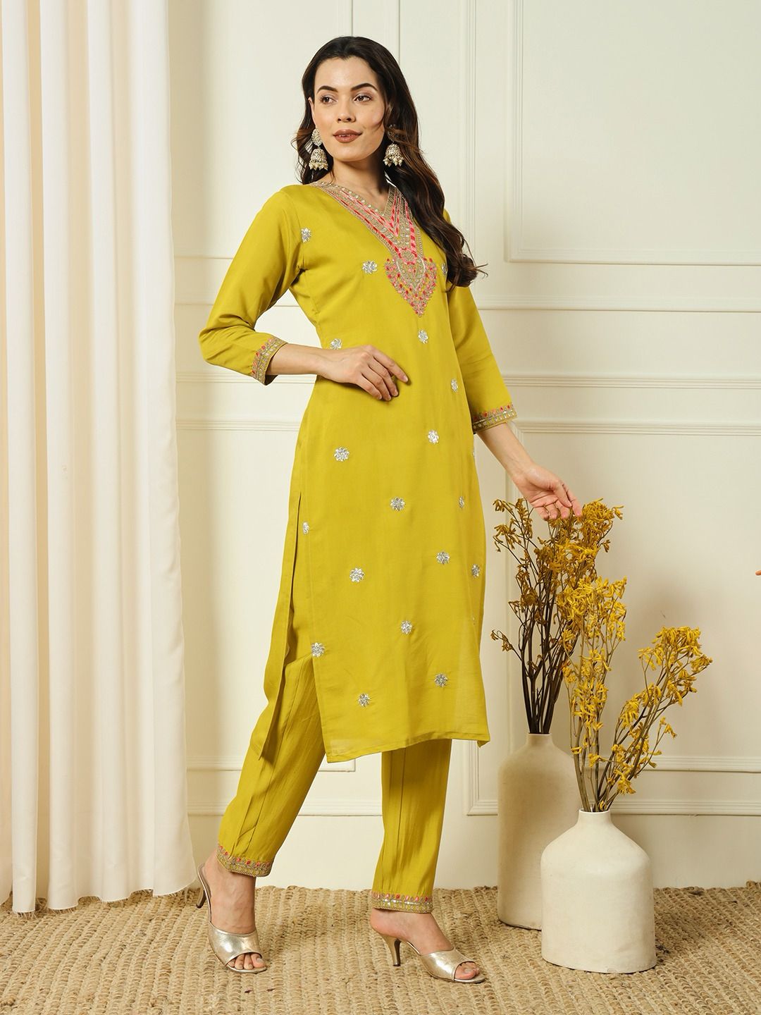 Laltika Women's Roman Silk Embroidered Kurta Pant Dupatta Set with Cotton Silk Dupatta