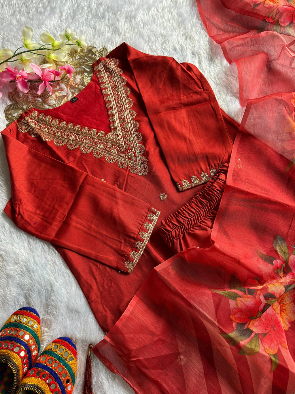 Rayon Slub Embroidered Kurta Pant Dupatta Set for Women