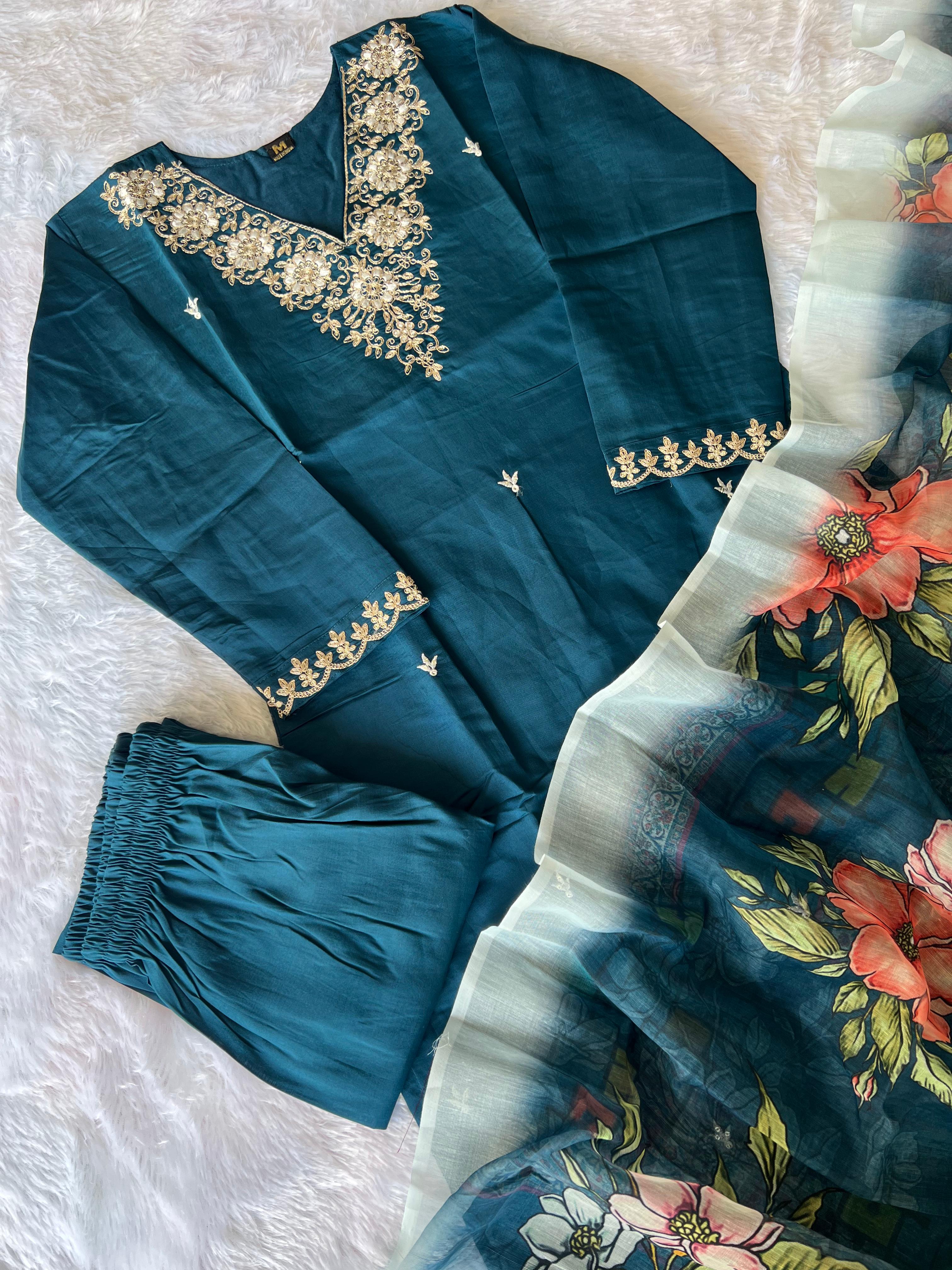 Teal Blue Roman Silk Embroidered Kurta Pant Dupatta Set for Women