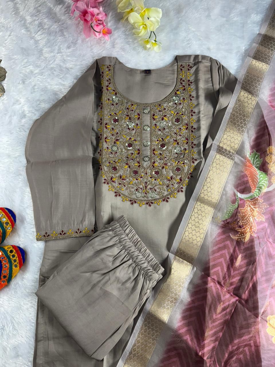 Roman Silk Embroidered Kurta Pant Dupatta Set for Women