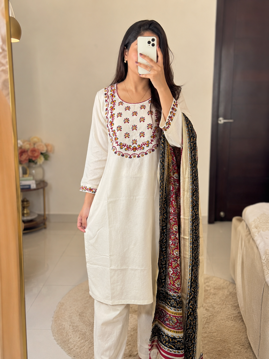 Laltika Women's Khadi Cotton Embroidered Kurta Pant Dupatta Set with Bhagalpuri Khadi Print Dupatta
