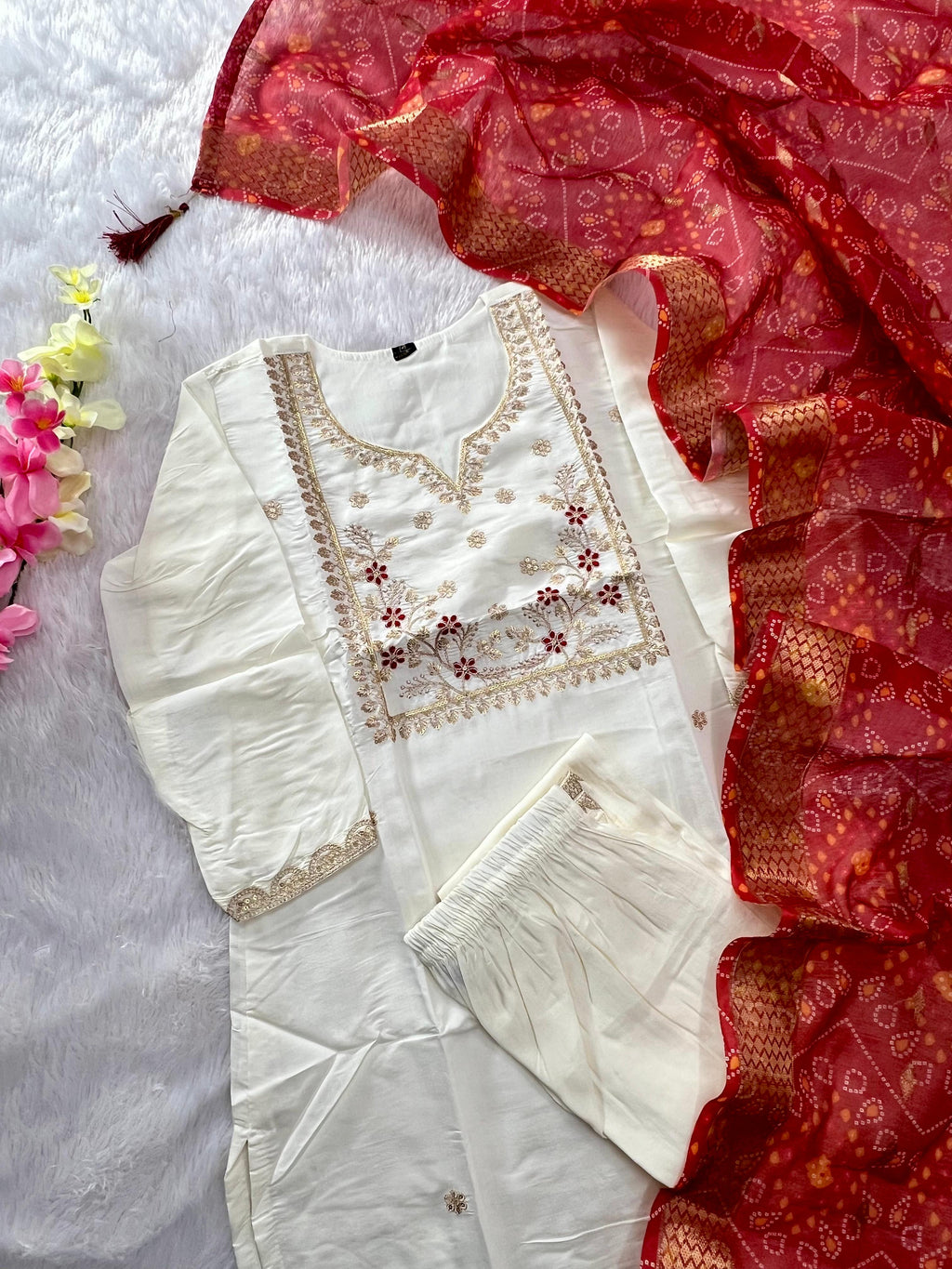 Cream White Roman Silk Embroidered Kurta Pant Dupatta Set for Women