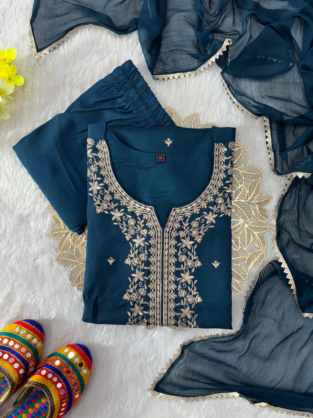 Roman Silk Embroidered Kurta Pant Dupatta Set with Nazneen Dupatta for Women