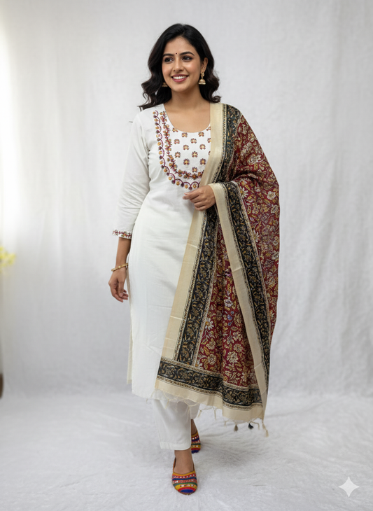 Khadi Cotton Kurti Set with Embroidery | White Ethnic 3-Piece Outfit | S-3XL Sizes