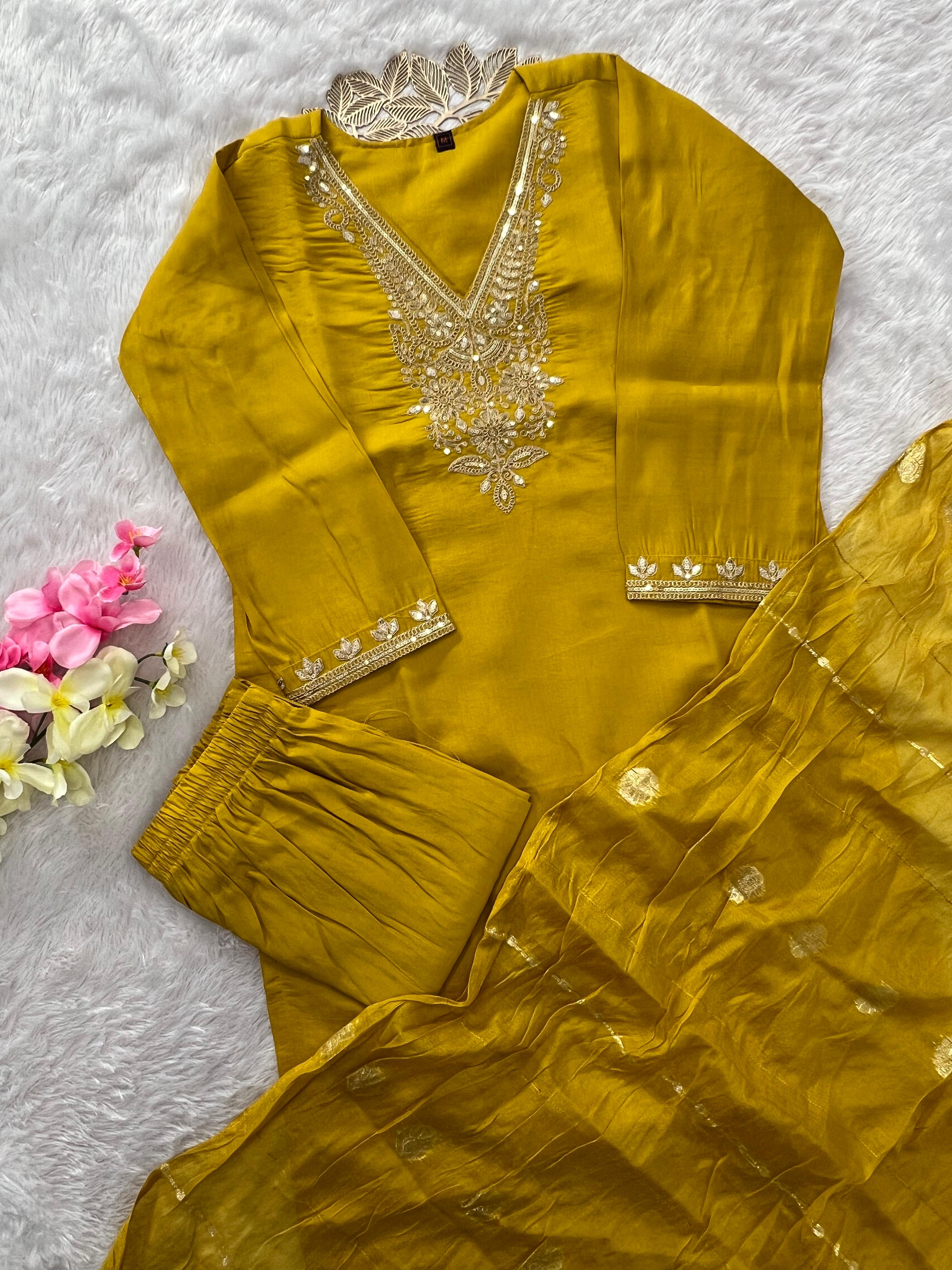 Lemon Yellow Roman Silk Embroidered Kurta Pant Dupatta Set for Women