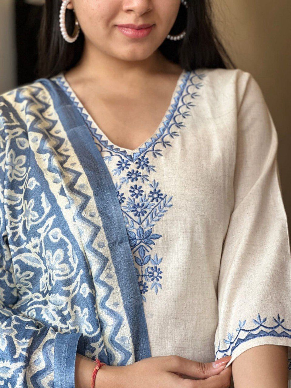 Laltika Women's Khadi Cotton Embroidered Kurta Pant Dupatta Set with Bhagalpuri Khadi Print Dupatta