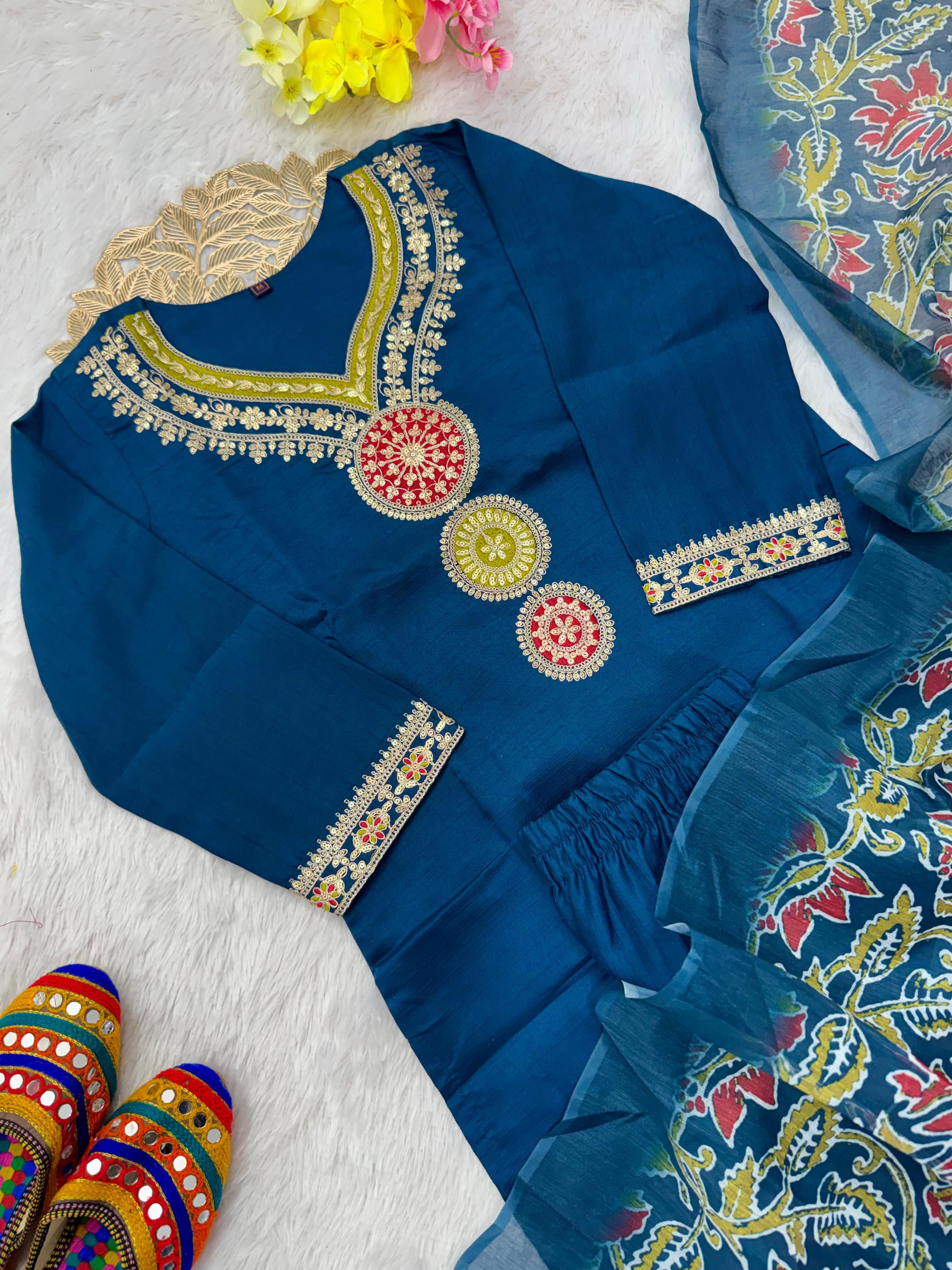 Vatican Silk Embroidered Kurta Pant Dupatta Set for Women