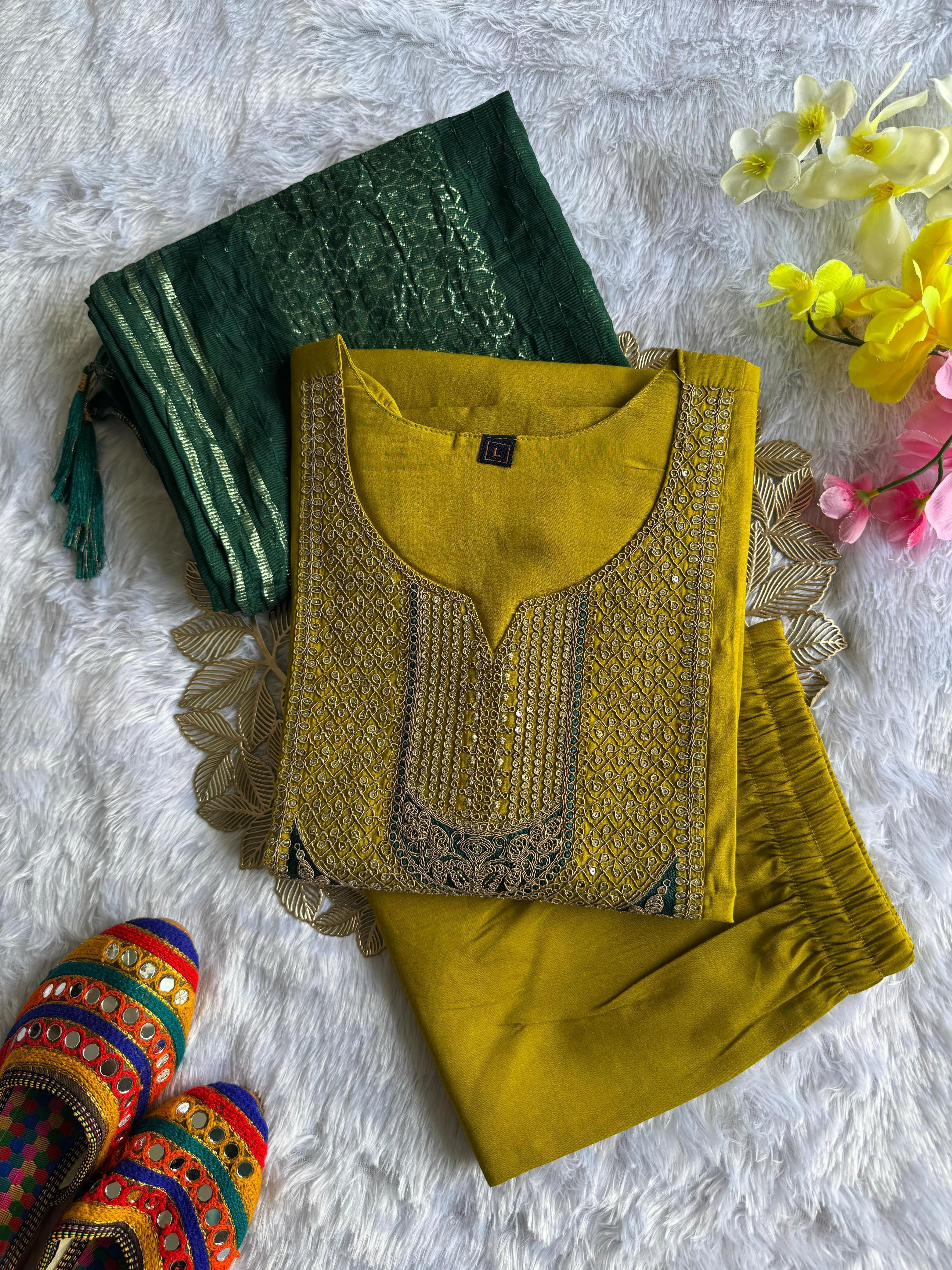Lemon Yellow Roman Silk Embroidered Kurta Pant Dupatta Set for Women