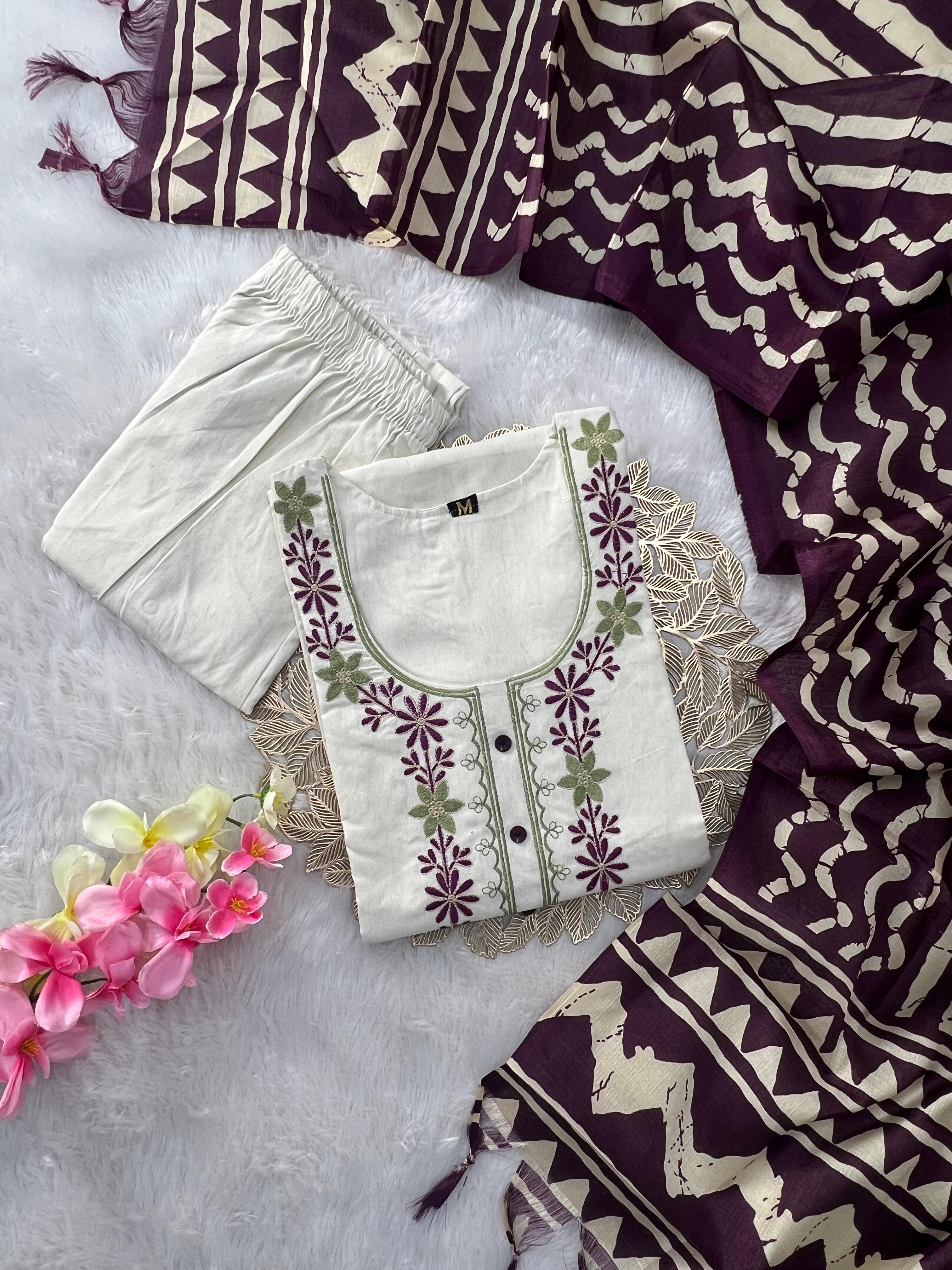 Khadi Cotton Embroidered Kurta Pant Dupatta Set for Women