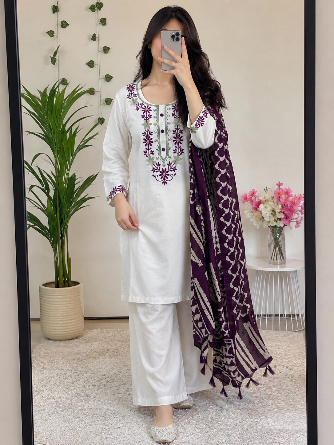 Khadi Cotton Embroidered Kurta Pant Dupatta Set for Women