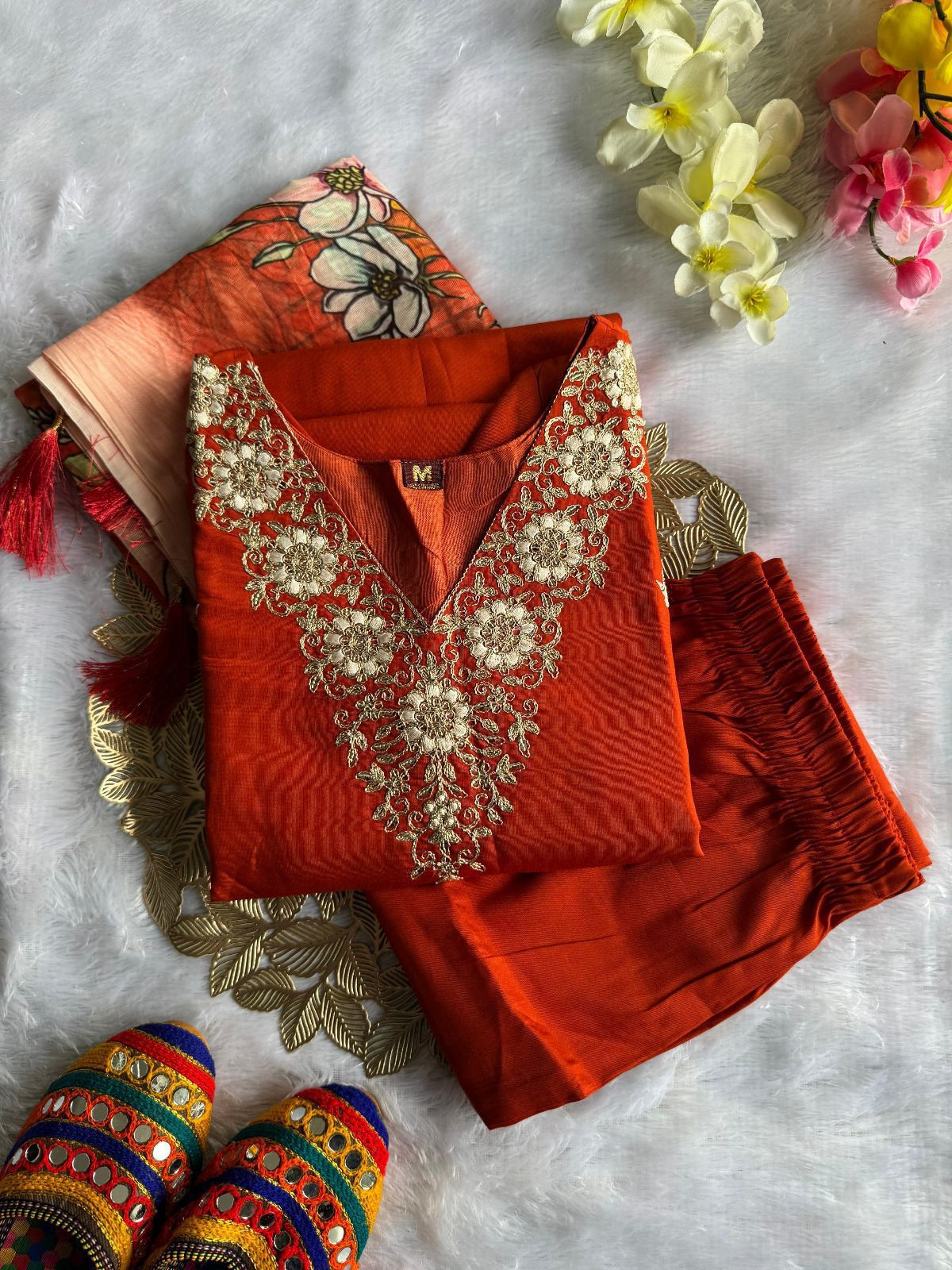 Rust Roman Silk Embroidered Kurta Pant Dupatta Set for Women