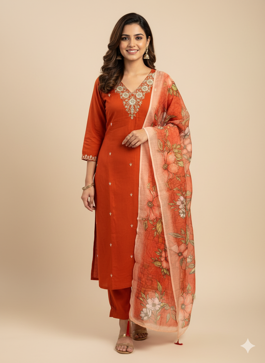 Roman Silk Kurti Set with Embroidery & Sequins Work | Tomato Pink Designer Kurti Pent Dupatta |