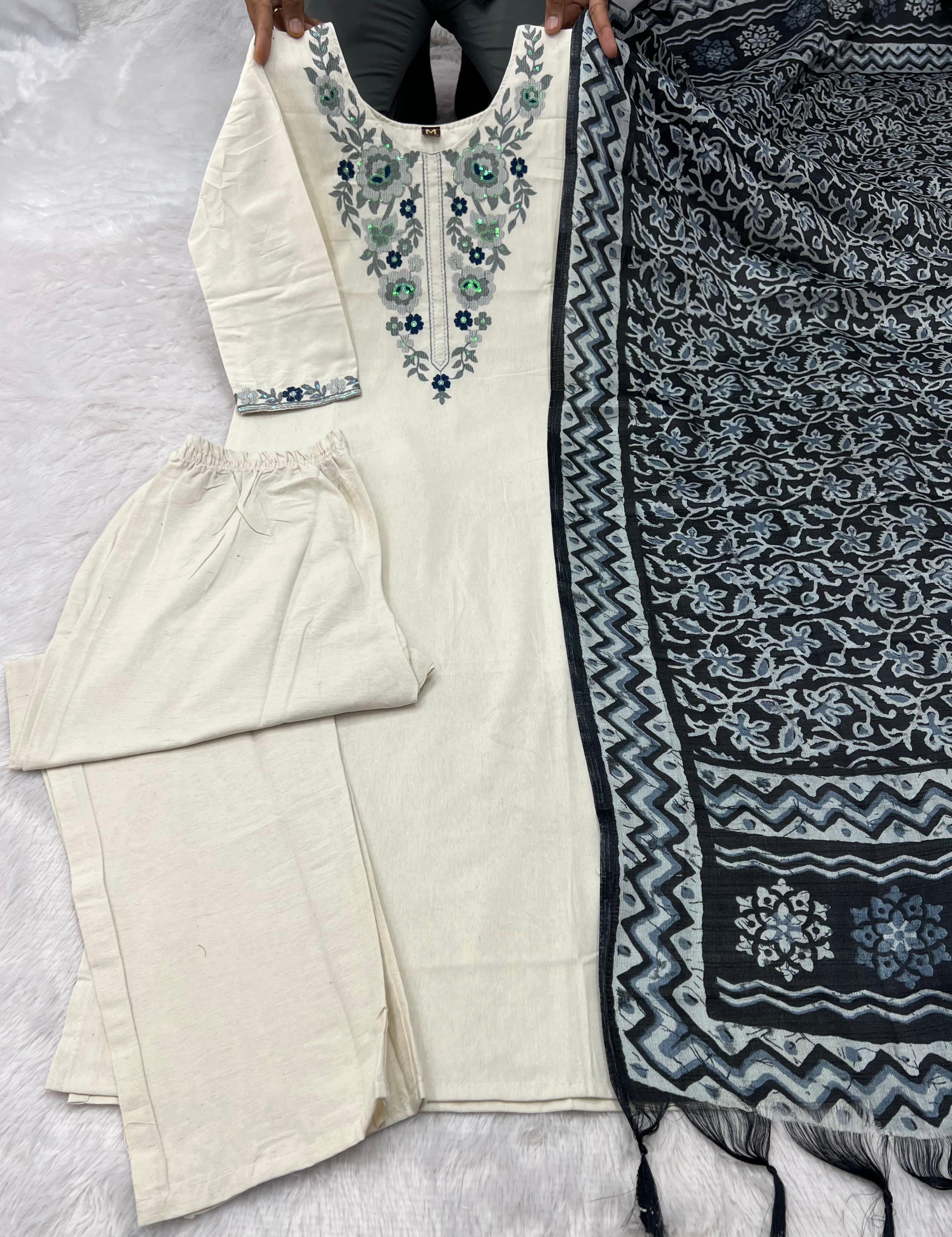 Laltika Women's Khadi Cotton Embroidered Kurta Pant Dupatta Set with Bhagalpuri Khadi Print Dupatta