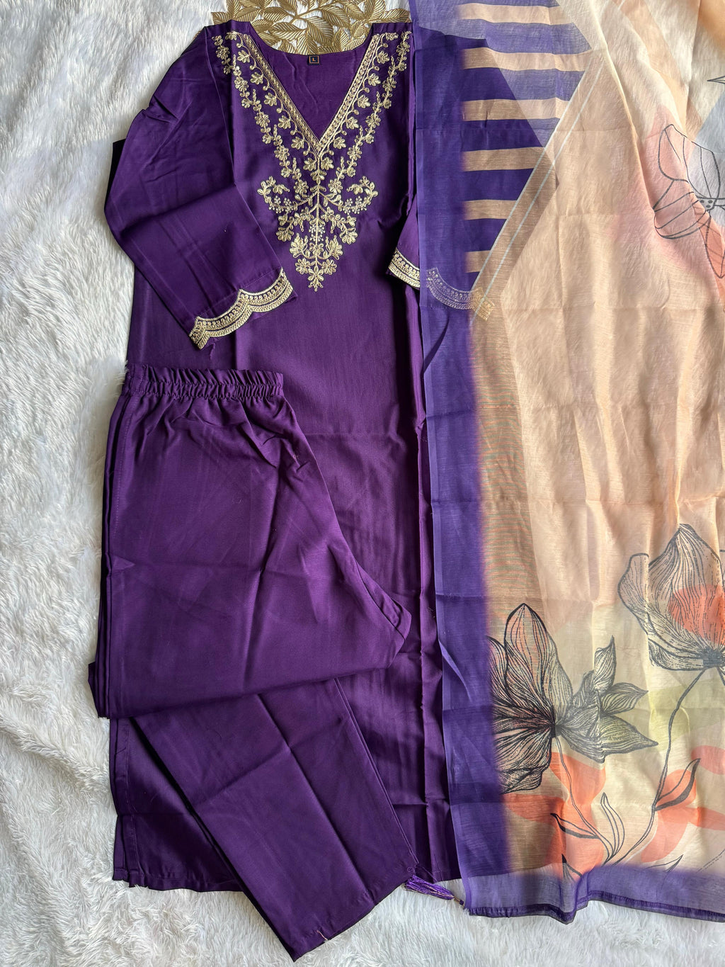 Rayon Slub Embroidered Kurta Pant Dupatta Set for Women