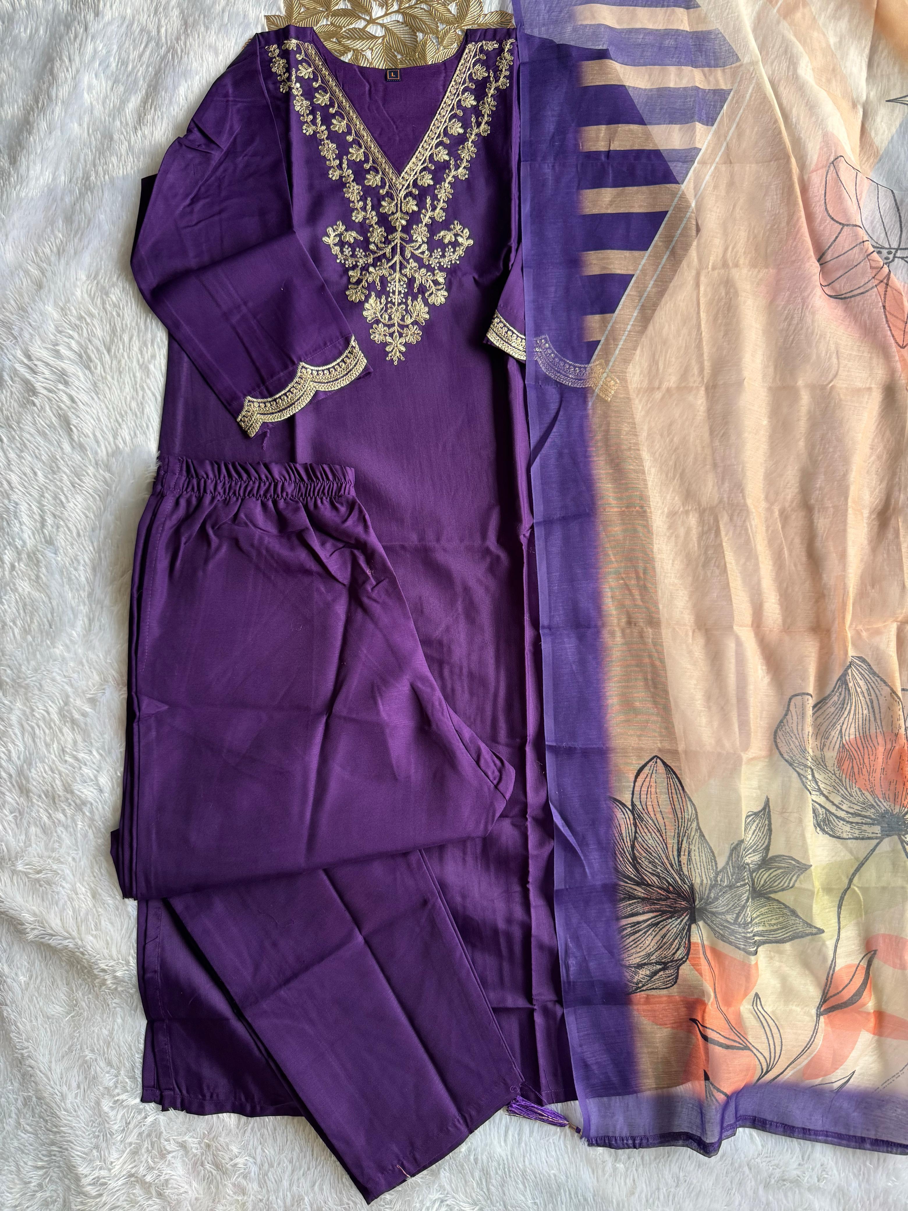 Rayon Slub Embroidered Kurta Pant Dupatta Set for Women