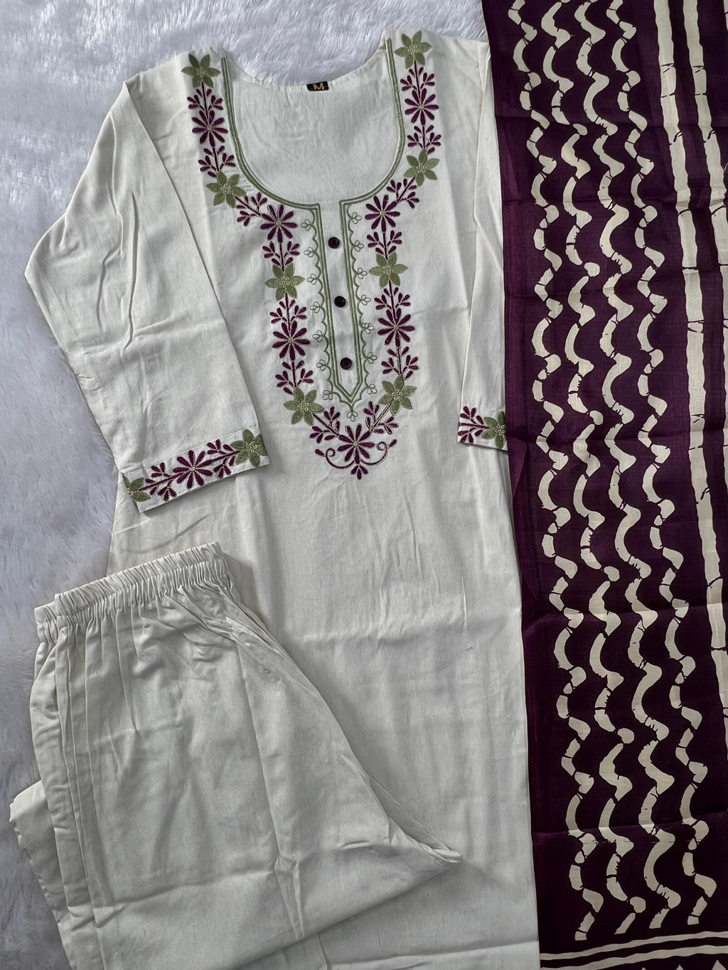 Khadi Cotton Embroidered Kurta Pant Dupatta Set for Women