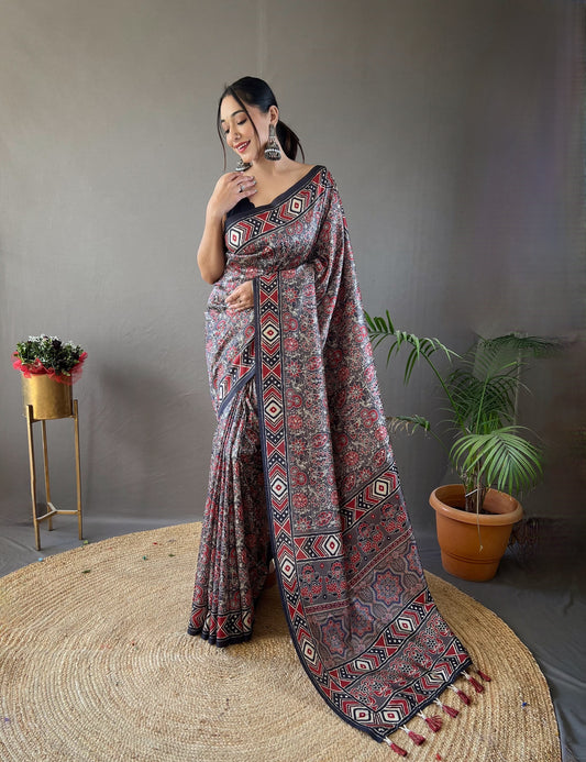 Digital Print Semi-Silk Saree with Tassels ✨