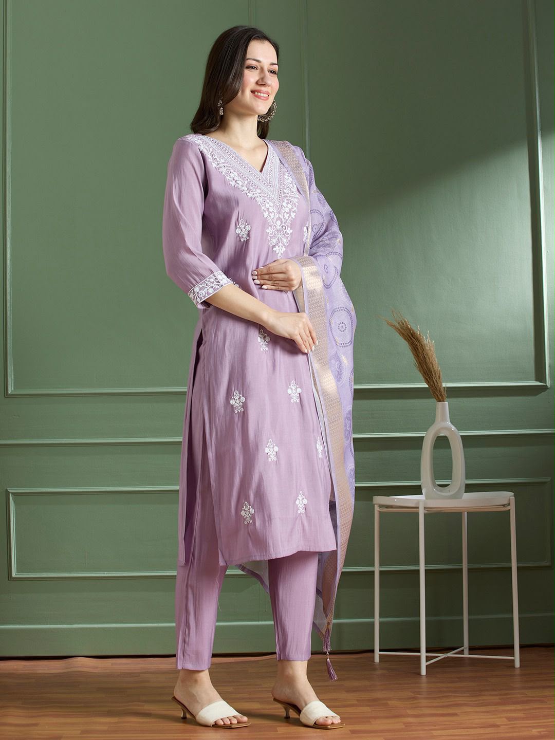 Buy Lavender Roman Silk Designer Kurti with Pant & Dupatta Set | Embroidered Festive Wear for Women