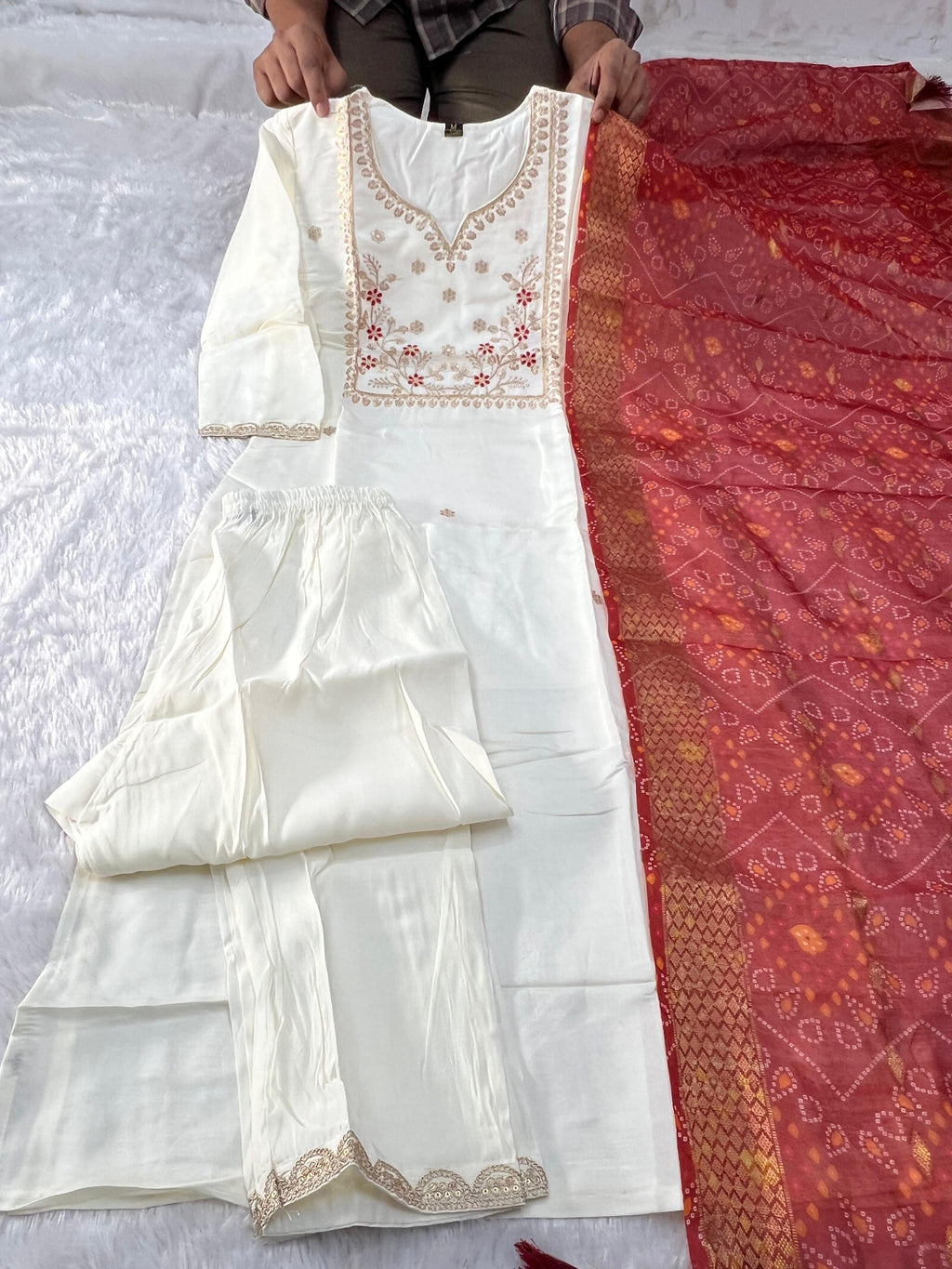 Cream White Roman Silk Embroidered Kurta Pant Dupatta Set for Women