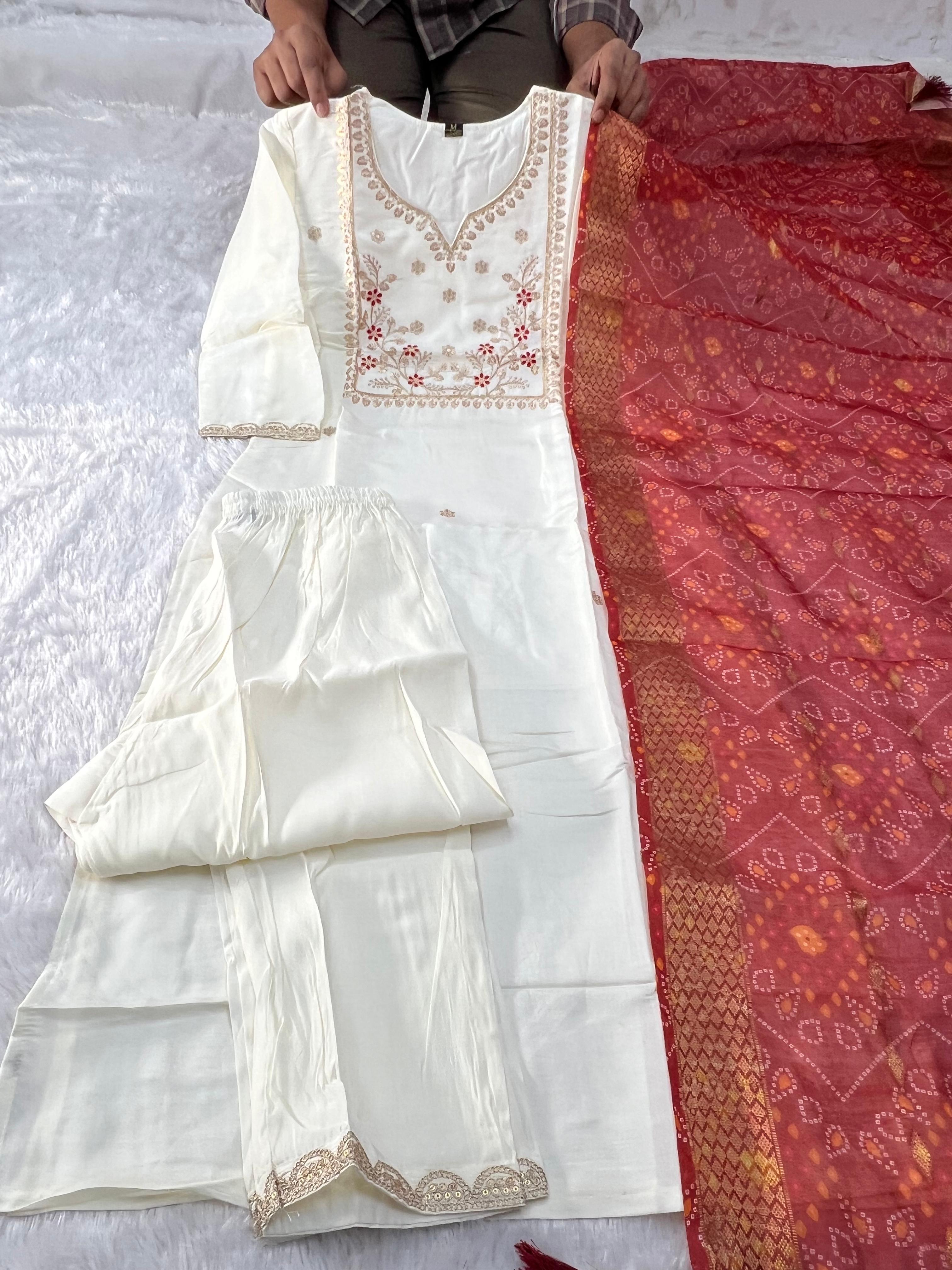 Cream White Roman Silk Embroidered Kurta Pant Dupatta Set for Women