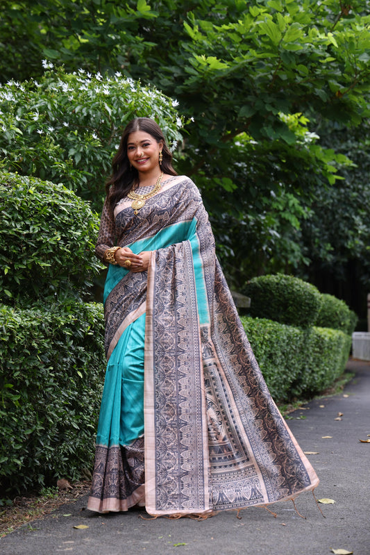 Soft Tussar Silk Saree with Madhubani Print | Traditional Pallu & Fancy Tassels | Ready Stock