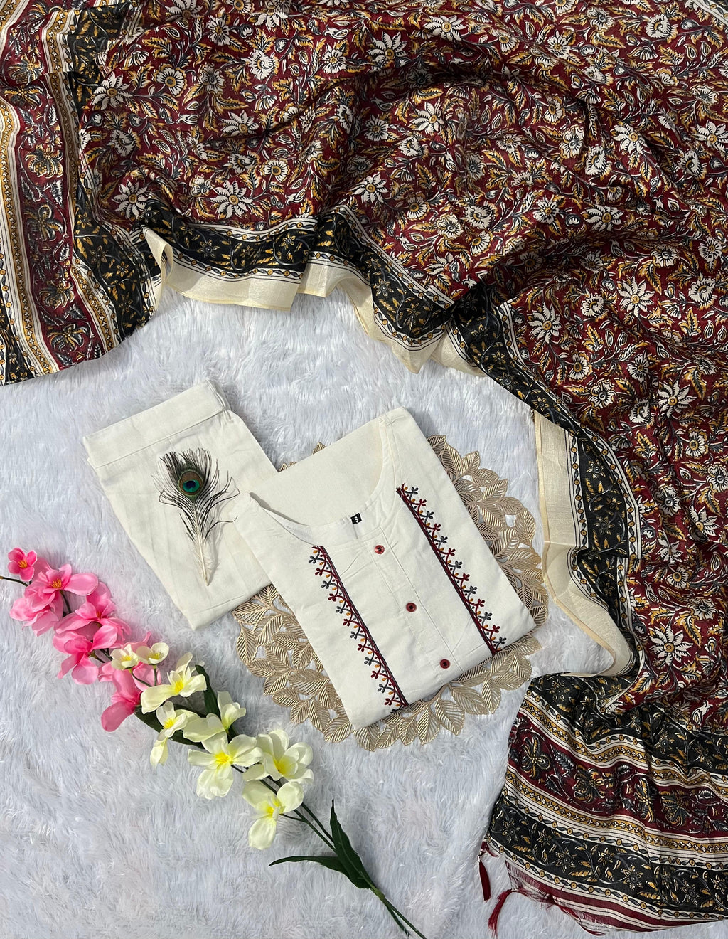 Khadi Cotton Embroidered Kurta Pant Dupatta Set for Women