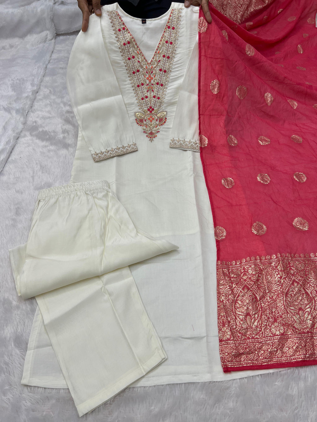 Off White Roman Silk Embroidered Kurta Pant Dupatta Set for Women