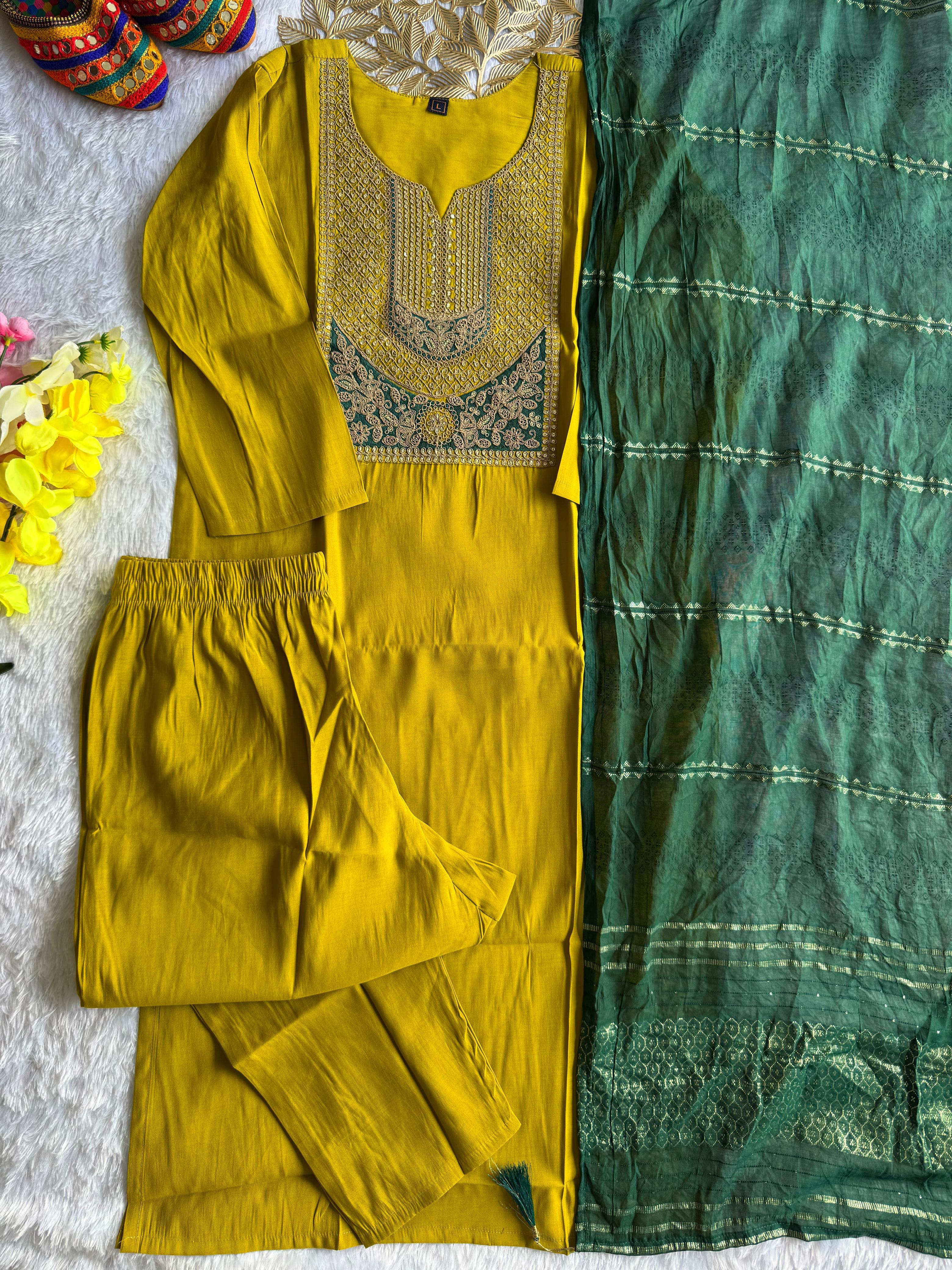 Lemon Yellow Roman Silk Embroidered Kurta Pant Dupatta Set for Women