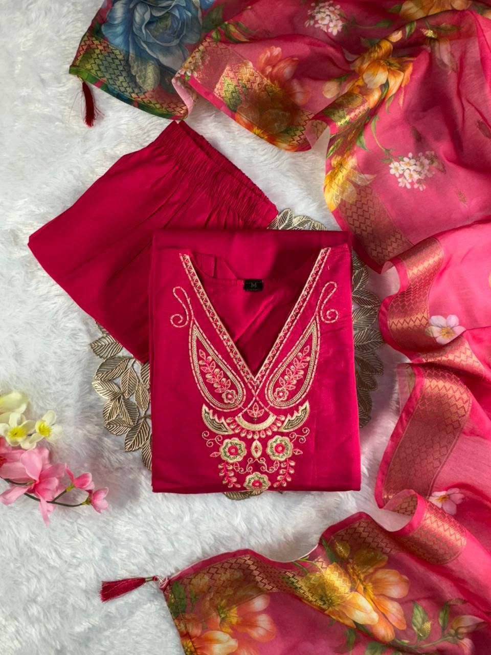 Buy Pink Roman Silk Embroidered Kurti Pant Dupatta Set | Festive & Traditional Wear
