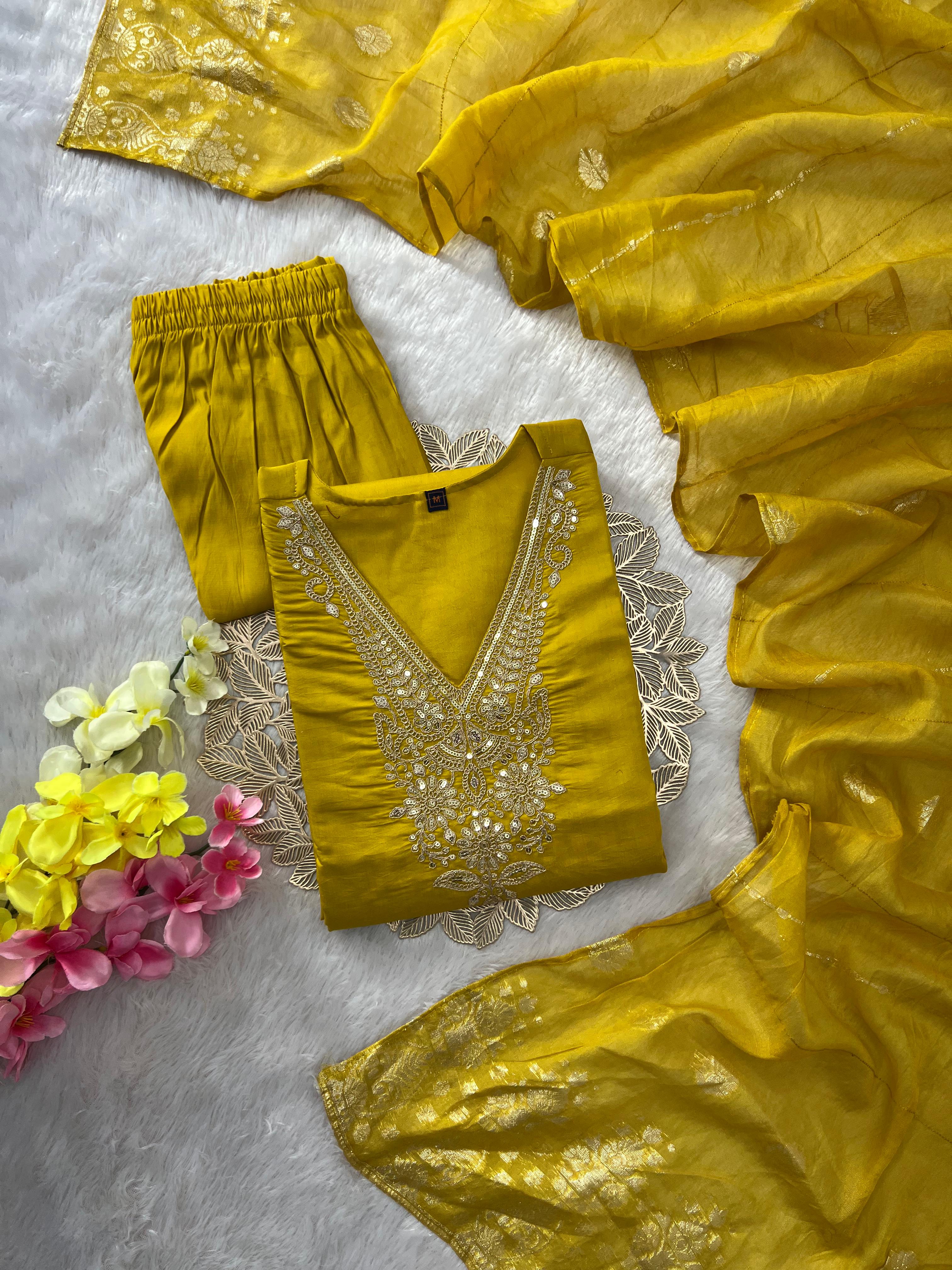 Lemon Yellow Roman Silk Embroidered Kurta Pant Dupatta Set for Women