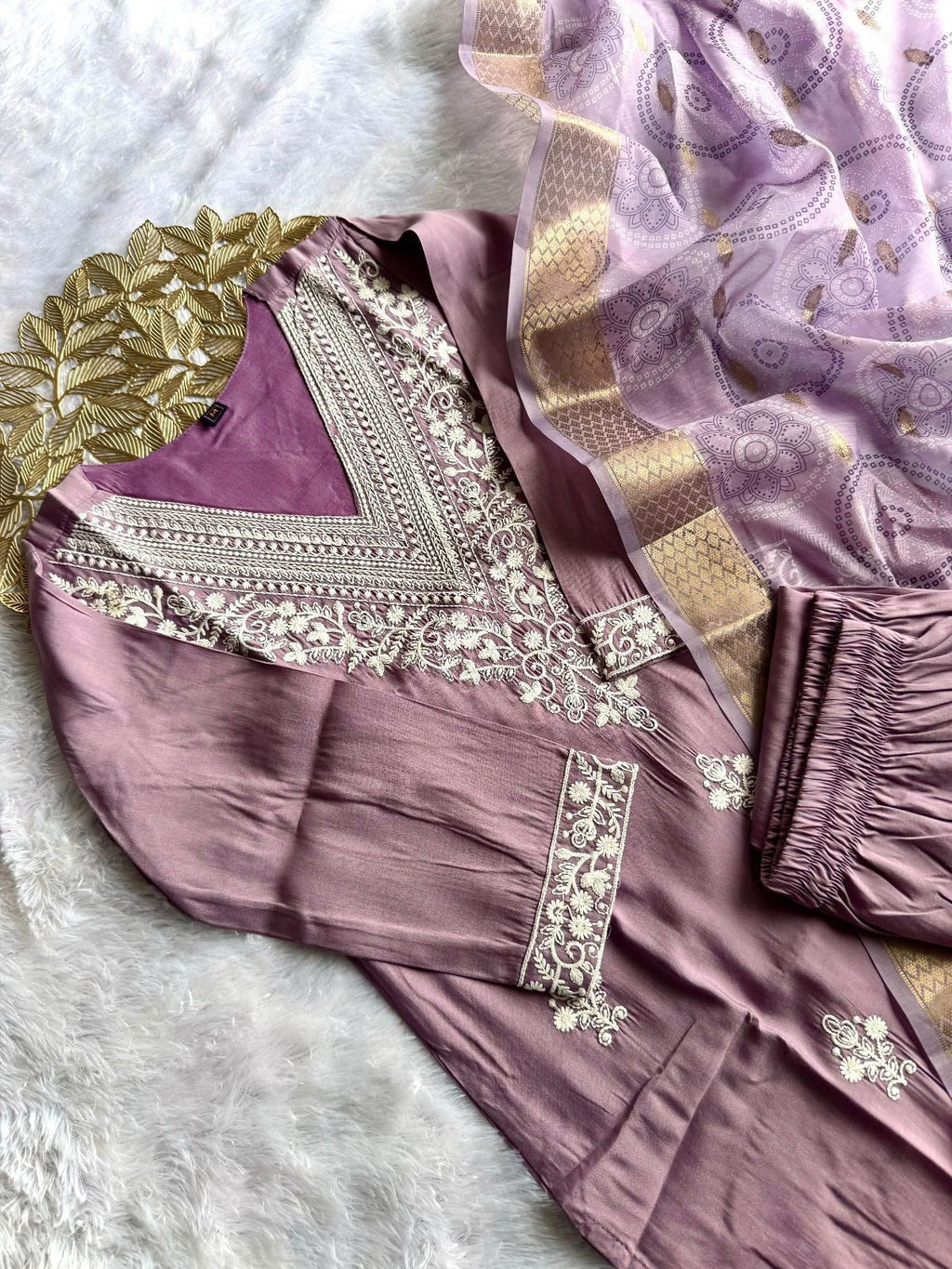 Buy Lavender Roman Silk Designer Kurti with Pant & Dupatta Set | Embroidered Festive Wear for Women