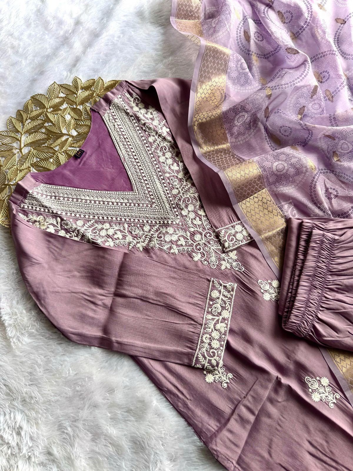 Buy Lavender Roman Silk Designer Kurti with Pant & Dupatta Set | Embroidered Festive Wear for Women