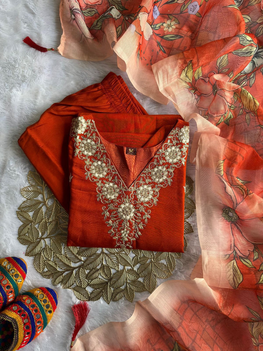 Rust Roman Silk Embroidered Kurta Pant Dupatta Set for Women