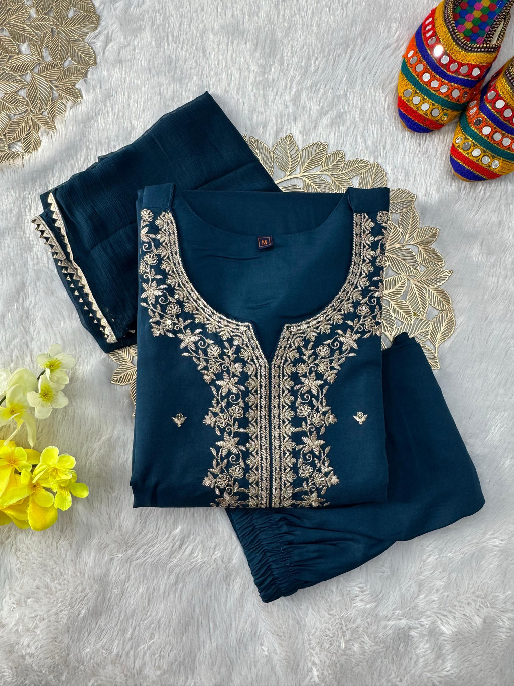 Roman Silk Embroidered Kurta Pant Dupatta Set with Nazneen Dupatta for Women