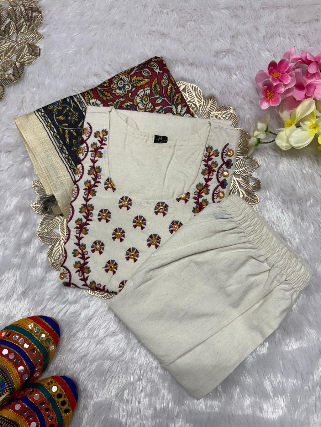 Laltika Women's Khadi Cotton Embroidered Kurta Pant Dupatta Set with Bhagalpuri Khadi Print Dupatta