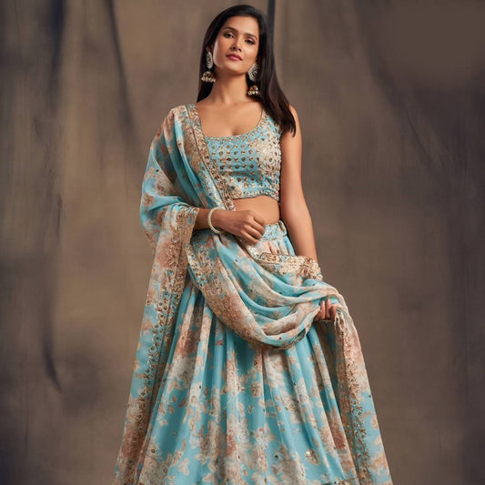 Organza Lehenga with Digital Print & Heavy Zari Sequence Work | 9 Colors Available | Ready to Ship