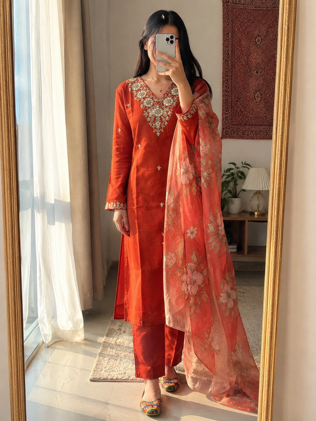 Rust Roman Silk Embroidered Kurta Pant Dupatta Set for Women