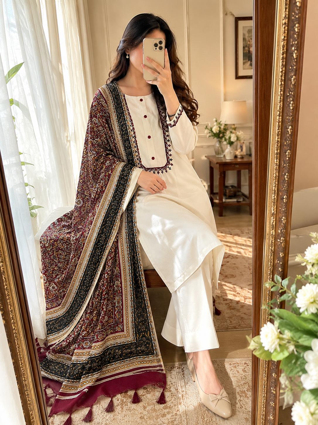 Khadi Cotton Embroidered Kurta Pant Dupatta Set for Women