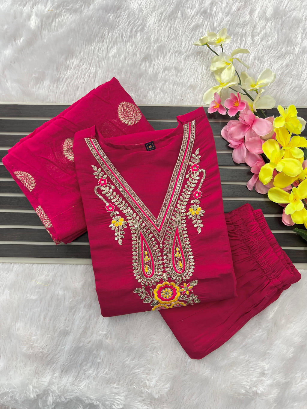 Pink Roman Silk Embroidered Kurta Pant Dupatta Set for Women