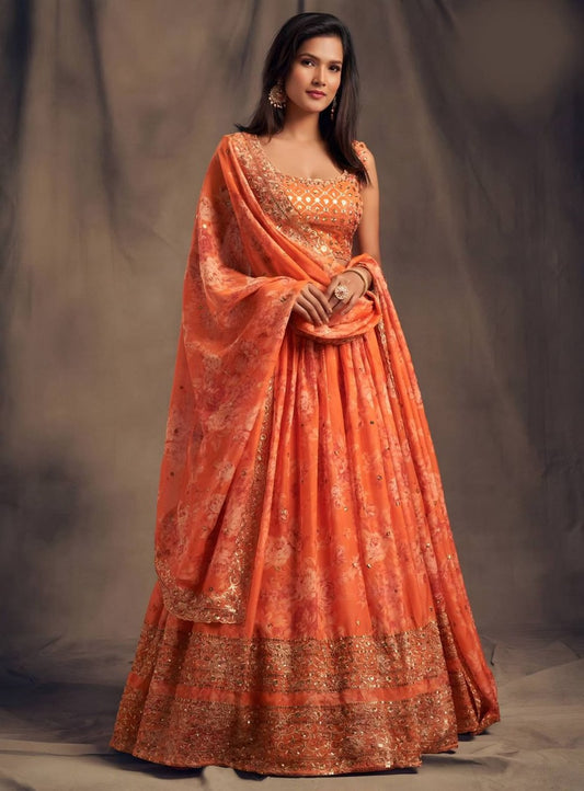 Organza Lehenga with Digital Print & Heavy Zari Sequence Work | 9 Colors Available | Ready to Ship